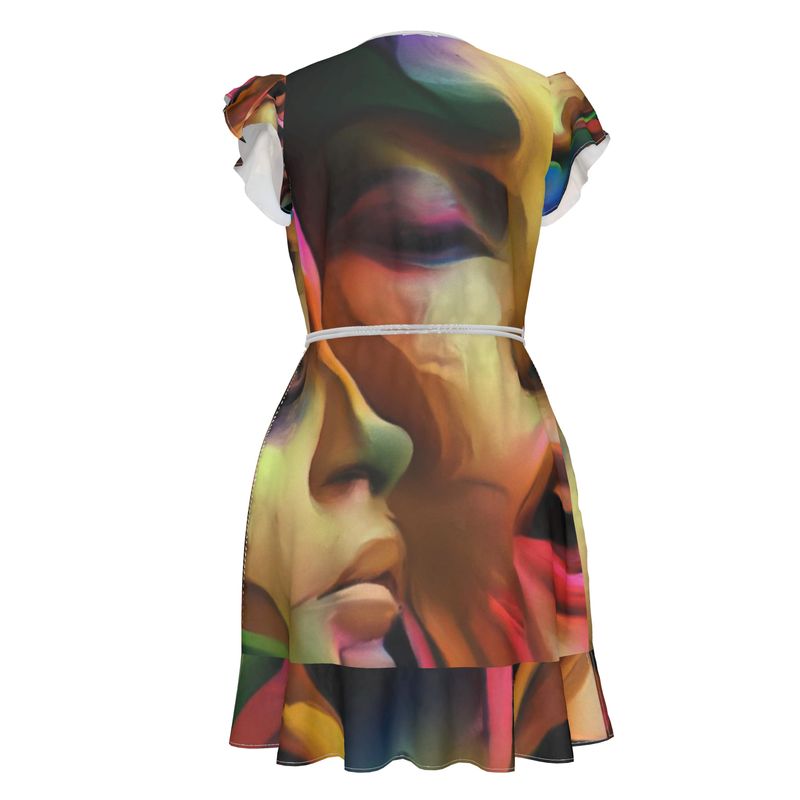 Pleasure Remix 3 - Blue and Orange Flounce Hem & Armholes, Waist Tie, Wrap Design, Fashion Crepe Or Smooth Crepe Tea Dress