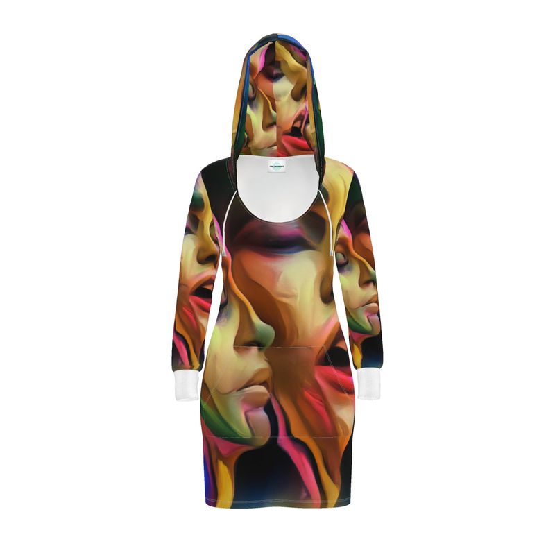 Pleasure Remix 3 - Blue and Orange Kangaroo Front Pocket, Mini Dress With Long Sleeves, Hooded Dress With Drawstring, Rox Sports Or Ponte Jersey Hoodie Dress