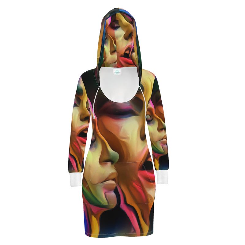 Pleasure Remix 3 - Blue and Orange Kangaroo Front Pocket, Mini Dress With Long Sleeves, Hooded Dress With Drawstring, Rox Sports Or Ponte Jersey Hoodie Dress