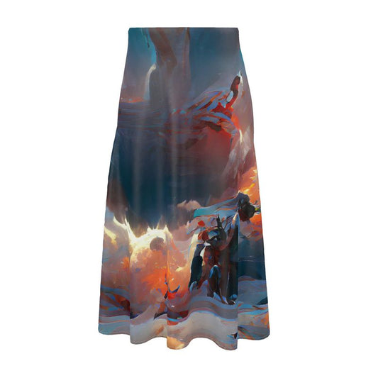 Triumphant - Sky Blue, Orange & Red Elasticated Waist, High Rise, A-line Shape, Luxurious Feel Premium Quality Midi Skirt