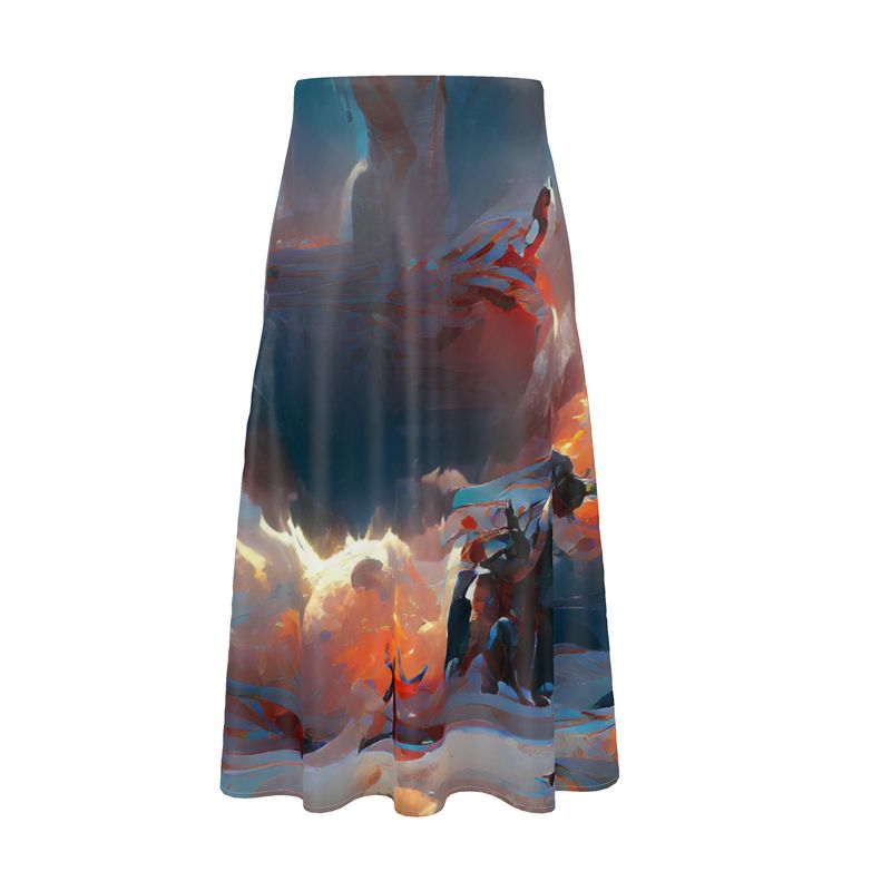 Triumphant - Sky Blue, Orange & Red Elasticated Waist, High Rise, A-line Shape, Luxurious Feel Premium Quality Midi Skirt