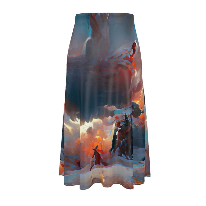 Triumphant - Sky Blue, Orange & Red Elasticated Waist, High Rise, A-line Shape, Luxurious Feel Premium Quality Midi Skirt