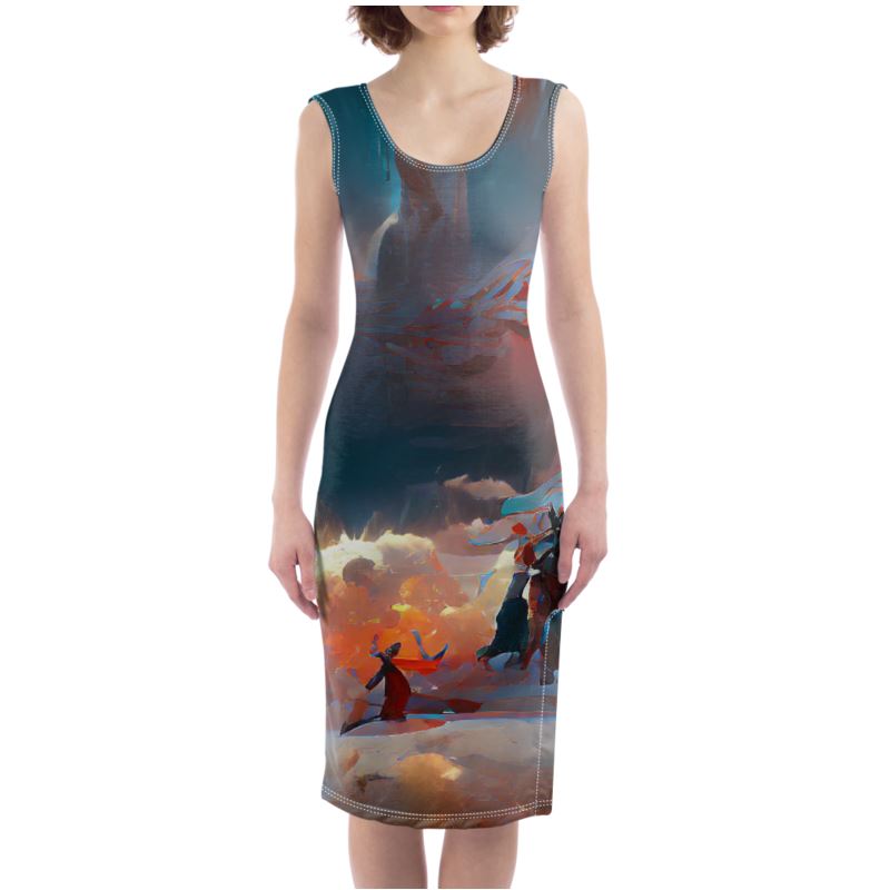 Triumphant - Sky Blue, Orange & Red Silky, Slim Fit Split Leg Bodycon Dress