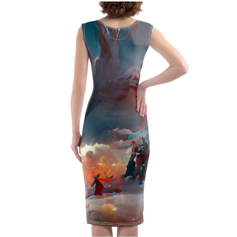 Triumphant - Sky Blue, Orange & Red Silky, Slim Fit Split Leg Bodycon Dress