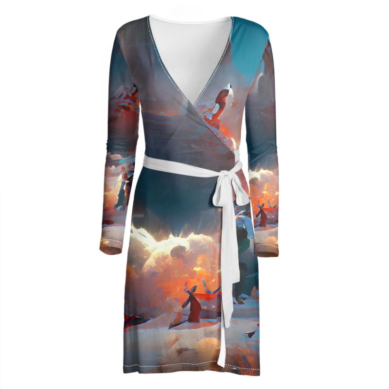 Triumphant - Sky Blue, Orange & Red Above Knee Wraparound Dress, V-Neck Long Sleeves, Wrap Dress