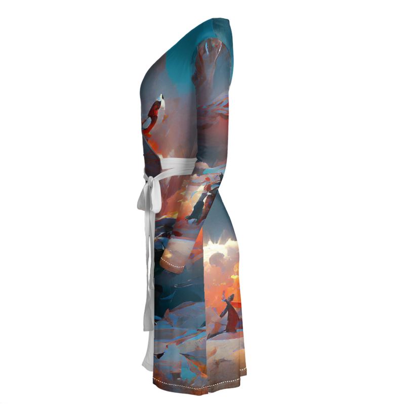 Triumphant - Sky Blue, Orange & Red Above Knee Wraparound Dress, V-Neck Long Sleeves, Wrap Dress