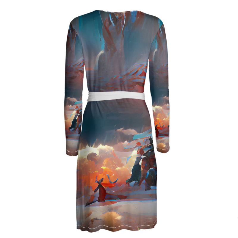 Triumphant - Sky Blue, Orange & Red Above Knee Wraparound Dress, V-Neck Long Sleeves, Wrap Dress