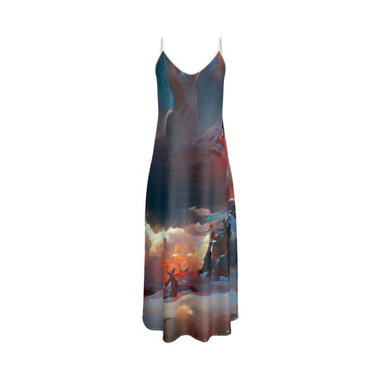 Triumphant - Sky Blue, Orange & Red Tapered Waist, Flared Bottom Slip Dress