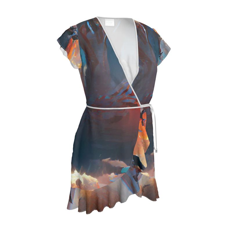 Triumphant - Sky Blue, Orange & Red Flounce Hem & Armholes, Waist Tie, Wrap Design, Fashion Crepe Or Smooth Crepe Tea Dress