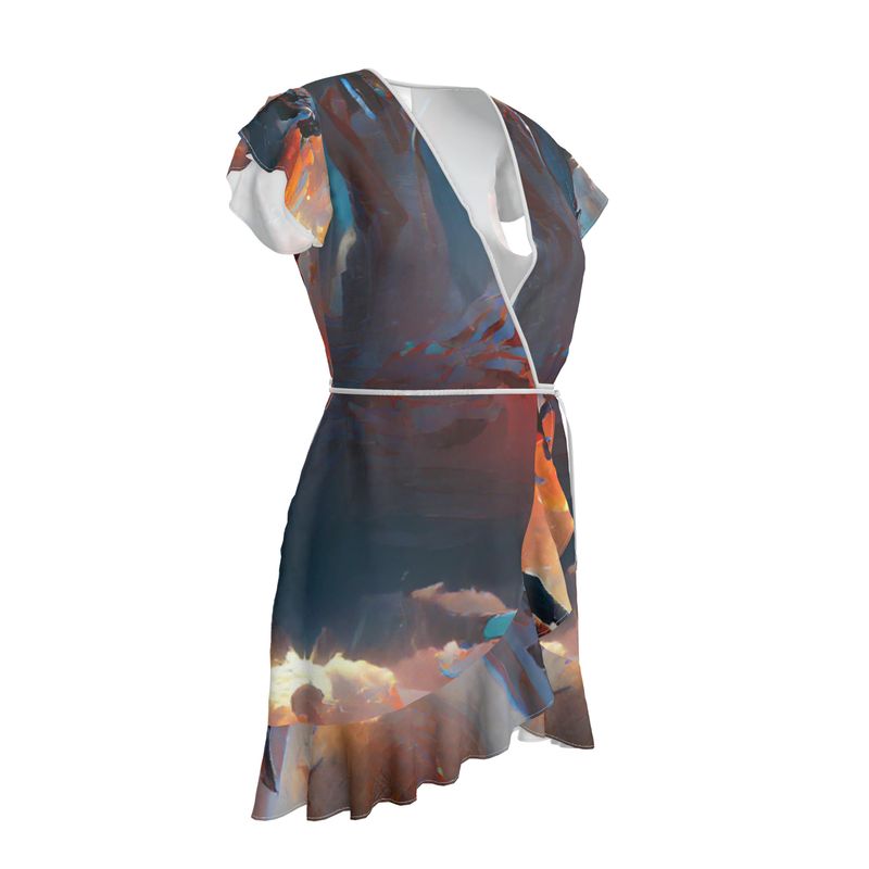 Triumphant - Sky Blue, Orange & Red Flounce Hem & Armholes, Waist Tie, Wrap Design, Fashion Crepe Or Smooth Crepe Tea Dress