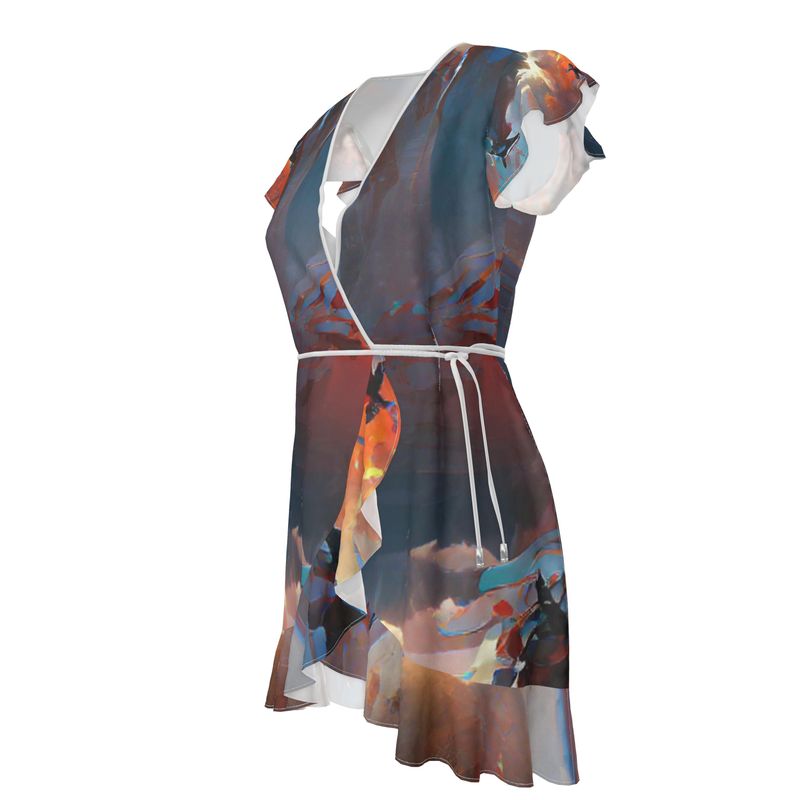 Triumphant - Sky Blue, Orange & Red Flounce Hem & Armholes, Waist Tie, Wrap Design, Fashion Crepe Or Smooth Crepe Tea Dress