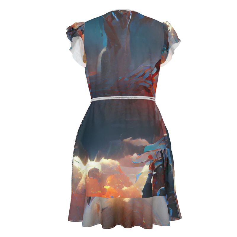 Triumphant - Sky Blue, Orange & Red Flounce Hem & Armholes, Waist Tie, Wrap Design, Fashion Crepe Or Smooth Crepe Tea Dress