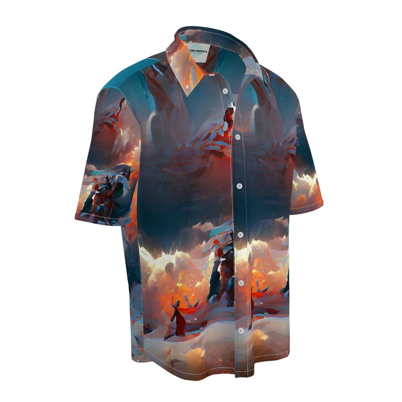 Triumphant - Sky Blue, Orange & Red Short Sleeve Button Up, Mother Of Pearl Buttons, Breathable Fabric, Men's Short Sleeve Shirt