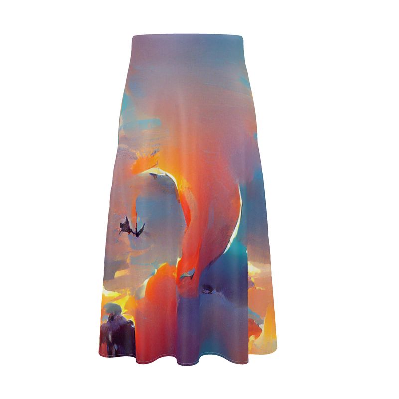 Optimistic - Blue and Orange Elasticated Waist, High Rise, A-line Shape, Luxurious Feel Premium Quality Midi Skirt