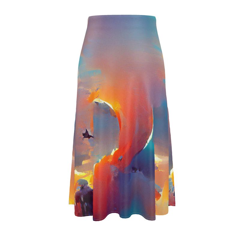 Optimistic - Blue and Orange Elasticated Waist, High Rise, A-line Shape, Luxurious Feel Premium Quality Midi Skirt