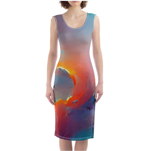 Optimistic - Blue and Orange Silky, Slim Fit Split Leg Bodycon Dress