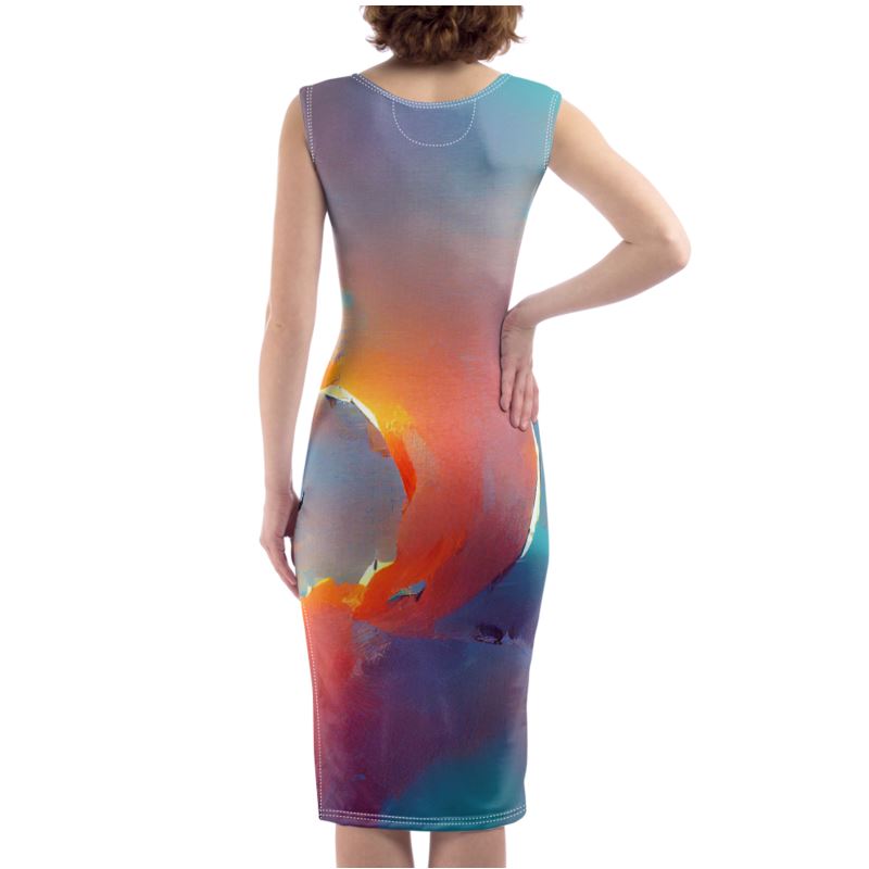 Optimistic - Blue and Orange Silky, Slim Fit Split Leg Bodycon Dress