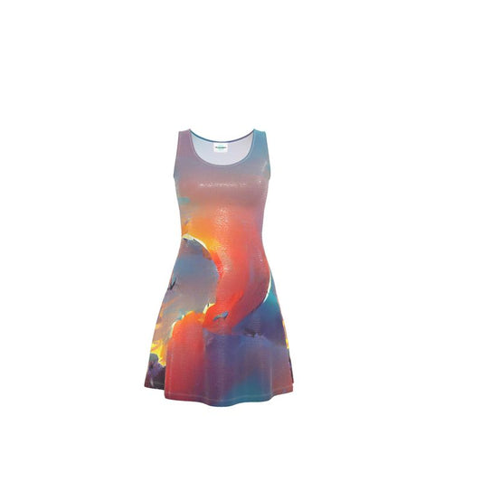 Optimistic - Blue and Orange Crush Velour - Stretchy & Shimmery Chain Jersey - Lightweight & Breathable A-Line Skater Dress