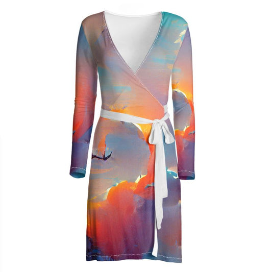 Optimistic - Blue and Orange Above Knee Wraparound Dress, V-Neck Long Sleeves, Wrap Dress