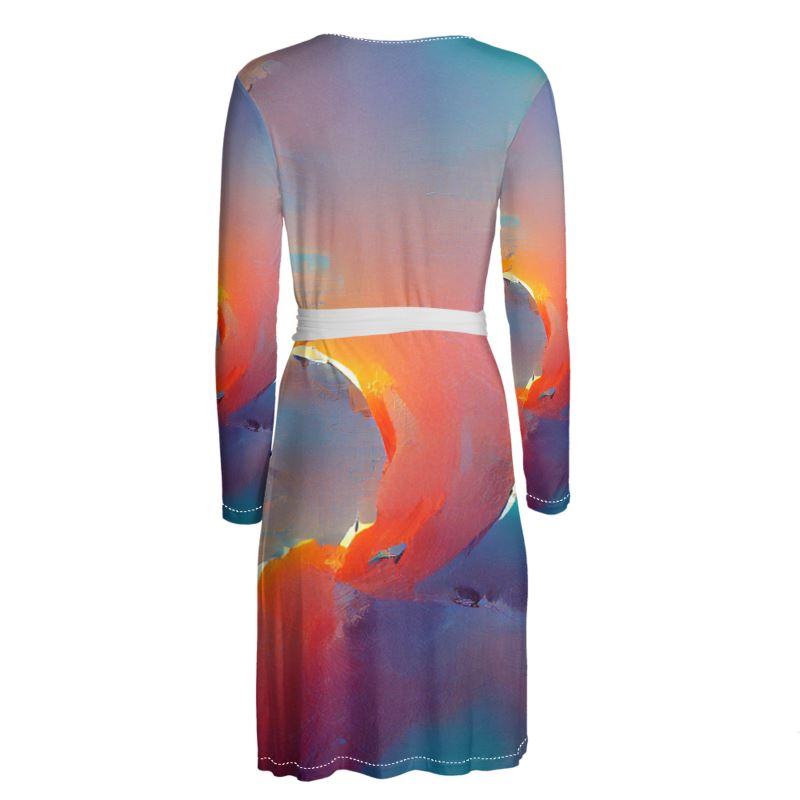 Optimistic - Blue and Orange Above Knee Wraparound Dress, V-Neck Long Sleeves, Wrap Dress