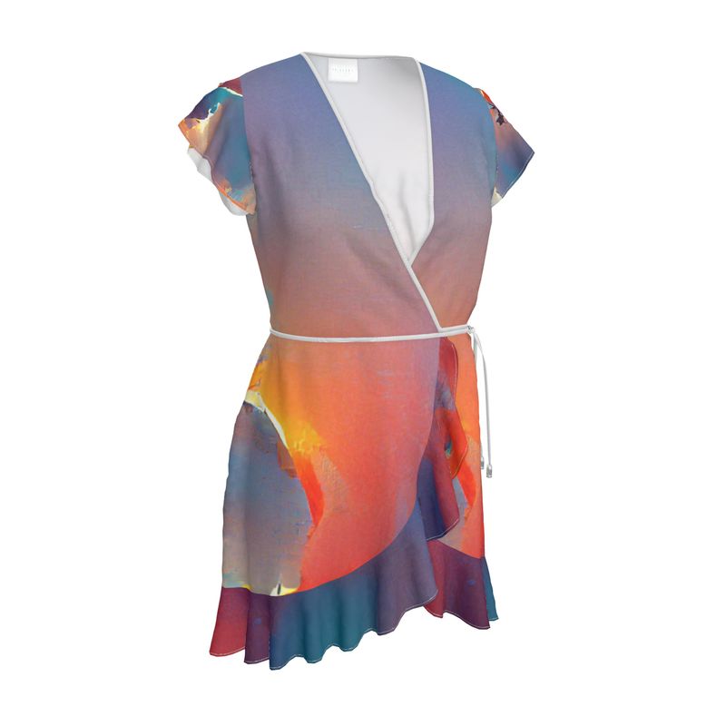 Optimistic - Blue and Orange  Flounce Hem & Armholes, Waist Tie, Wrap Design, Fashion Crepe Or Smooth Crepe Tea Dress