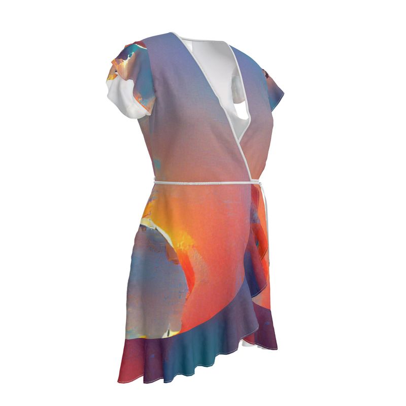 Optimistic - Blue and Orange  Flounce Hem & Armholes, Waist Tie, Wrap Design, Fashion Crepe Or Smooth Crepe Tea Dress