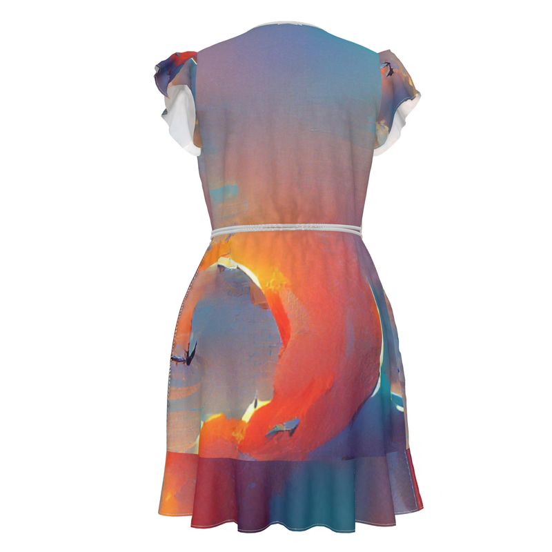 Optimistic - Blue and Orange  Flounce Hem & Armholes, Waist Tie, Wrap Design, Fashion Crepe Or Smooth Crepe Tea Dress