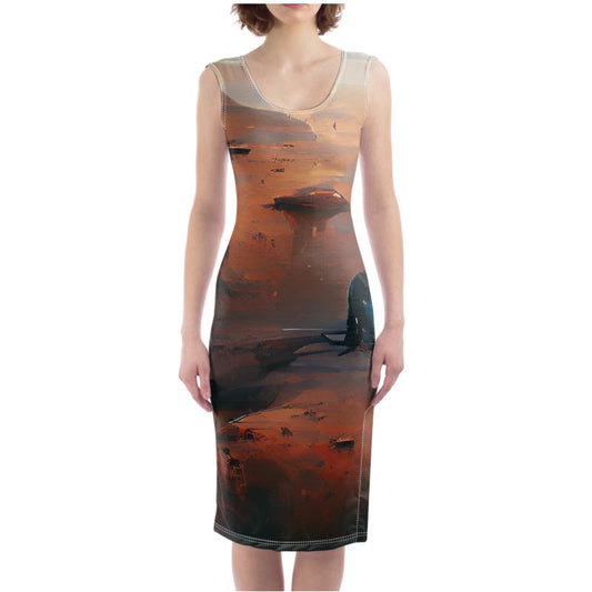 Lonely - Beige & Orange Silky, Slim Fit Split Leg Bodycon Dress