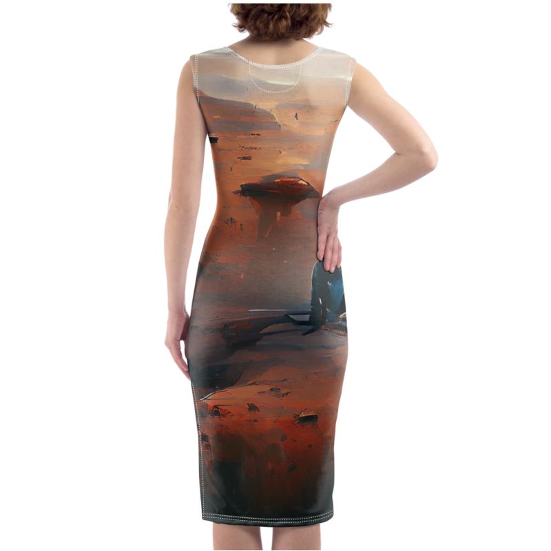 Lonely - Beige & Orange Silky, Slim Fit Split Leg Bodycon Dress