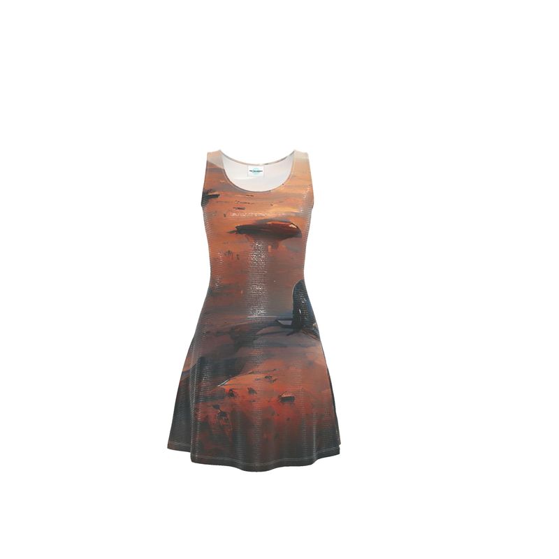 Lonely - Beige & Orange Crush Velour - Stretchy & Shimmery Chain Jersey - Lightweight & Breathable A-Line Skater Dress