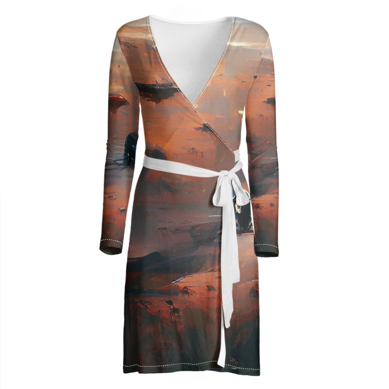 Lonely - Beige & Orange Above Knee Wraparound Dress, V-Neck Long Sleeves, Wrap Dress