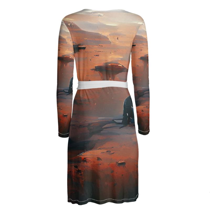 Lonely - Beige & Orange Above Knee Wraparound Dress, V-Neck Long Sleeves, Wrap Dress