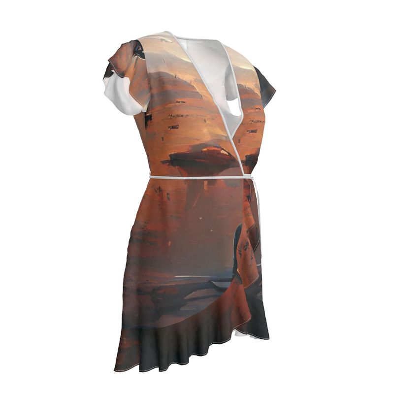 Lonely - Beige & Orange Flounce Hem & Armholes, Waist Tie, Wrap Design, Fashion Crepe Or Smooth Crepe Tea Dress