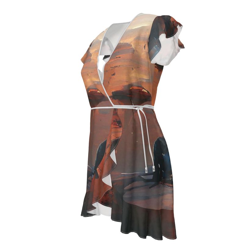 Lonely - Beige & Orange Flounce Hem & Armholes, Waist Tie, Wrap Design, Fashion Crepe Or Smooth Crepe Tea Dress