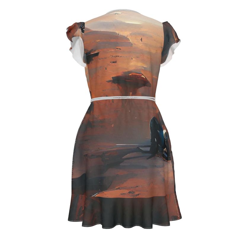 Lonely - Beige & Orange Flounce Hem & Armholes, Waist Tie, Wrap Design, Fashion Crepe Or Smooth Crepe Tea Dress