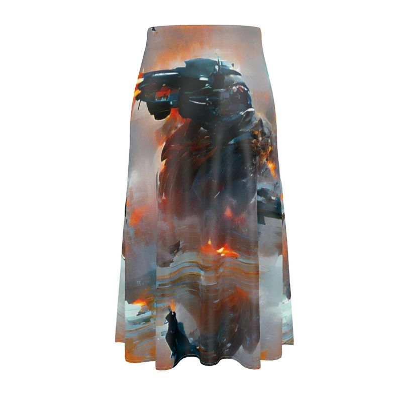 Fury - Red, Orange & Dark Blue Elasticated Waist, High Rise, A-line Shape, Luxurious Feel Premium Quality Midi Skirt