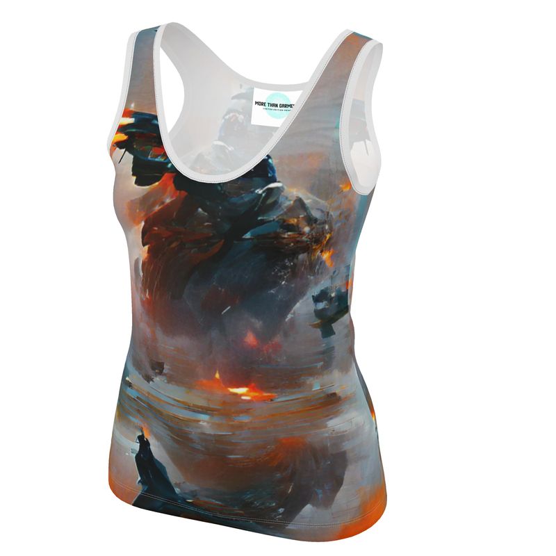 Fury - Red, Orange & Dark Blue Scoop Neck, Higher At The Back Ladies Vest Top