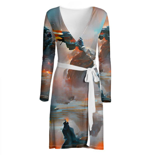 Fury - Red, Orange & Dark Blue Above Knee Wraparound Dress, V-Neck Long Sleeves, Wrap Dress