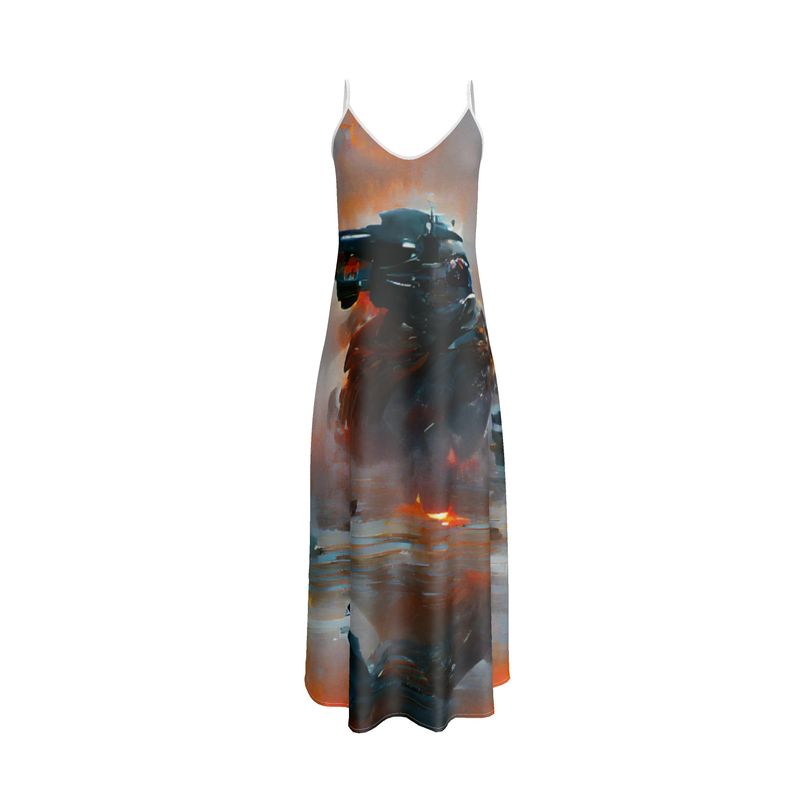 Fury - Red, Orange & Dark Blue Tapered Waist, Flared Bottom Slip Dress