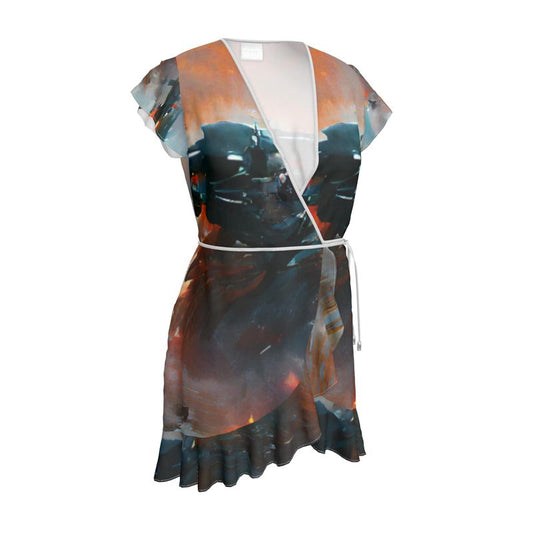 Fury - Red, Orange & Dark Blue Flounce Hem & Armholes, Waist Tie, Wrap Design, Fashion Crepe Or Smooth Crepe Tea Dress