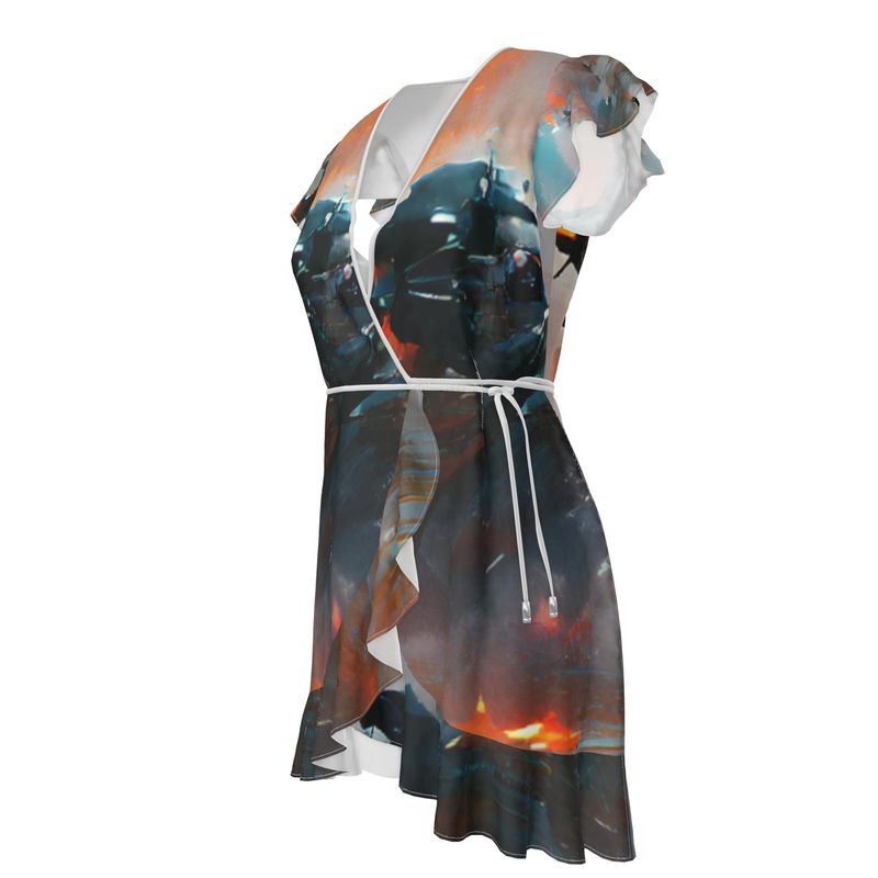 Fury - Red, Orange & Dark Blue Flounce Hem & Armholes, Waist Tie, Wrap Design, Fashion Crepe Or Smooth Crepe Tea Dress