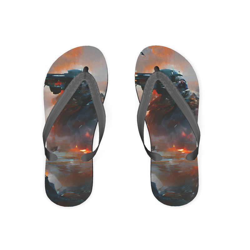 Fury - Red, Orange & Dark Blue Plastic Straps, Covered With Poly-Satin, Sturdy Foam Base Flip Flops