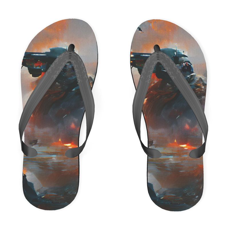 Fury - Red, Orange & Dark Blue Plastic Straps, Covered With Poly-Satin, Sturdy Foam Base Flip Flops