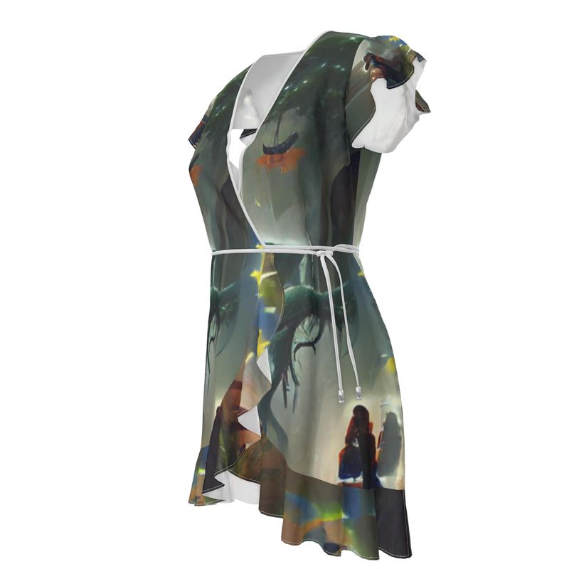 Enchanted - Brownie Reddish Flounce Hem & Armholes, Waist Tie, Wrap Design, Fashion Crepe Or Smooth Crepe Tea Dress