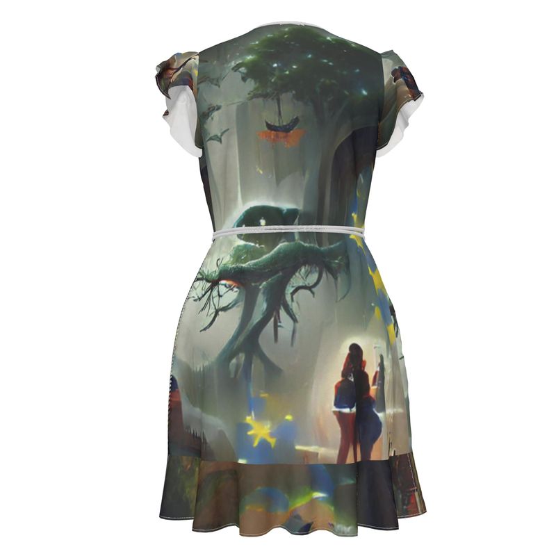 Enchanted - Brownie Reddish Flounce Hem & Armholes, Waist Tie, Wrap Design, Fashion Crepe Or Smooth Crepe Tea Dress