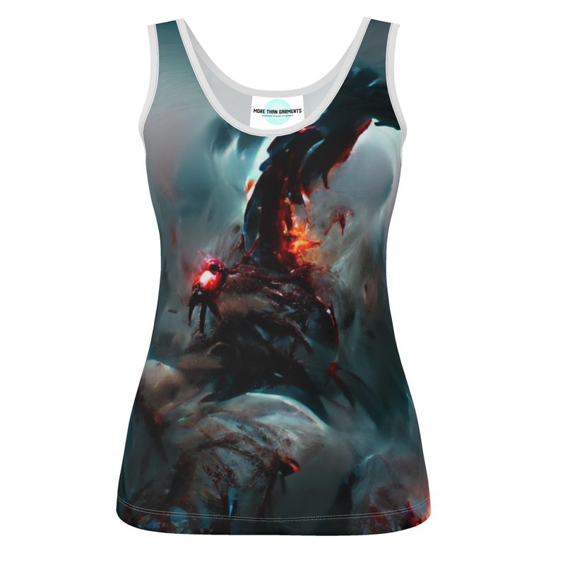 Wrath - Dark Blue, Orange & Red Scoop Neck, Higher At The Back Ladies Vest Top