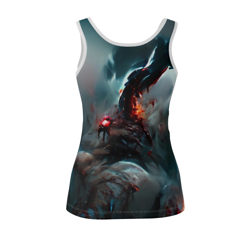 Wrath - Dark Blue, Orange & Red Scoop Neck, Higher At The Back Ladies Vest Top