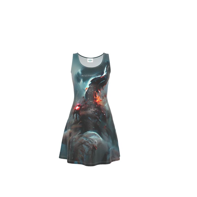 Wrath - Dark Blue, Orange & Red Crush Velour - Stretchy & Shimmery Chain Jersey - Lightweight & Breathable A-Line Skater Dress