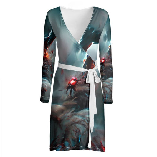 Wrath - Dark Blue, Orange & Red Above Knee Wraparound Dress, V-Neck Long Sleeves, Wrap Dress