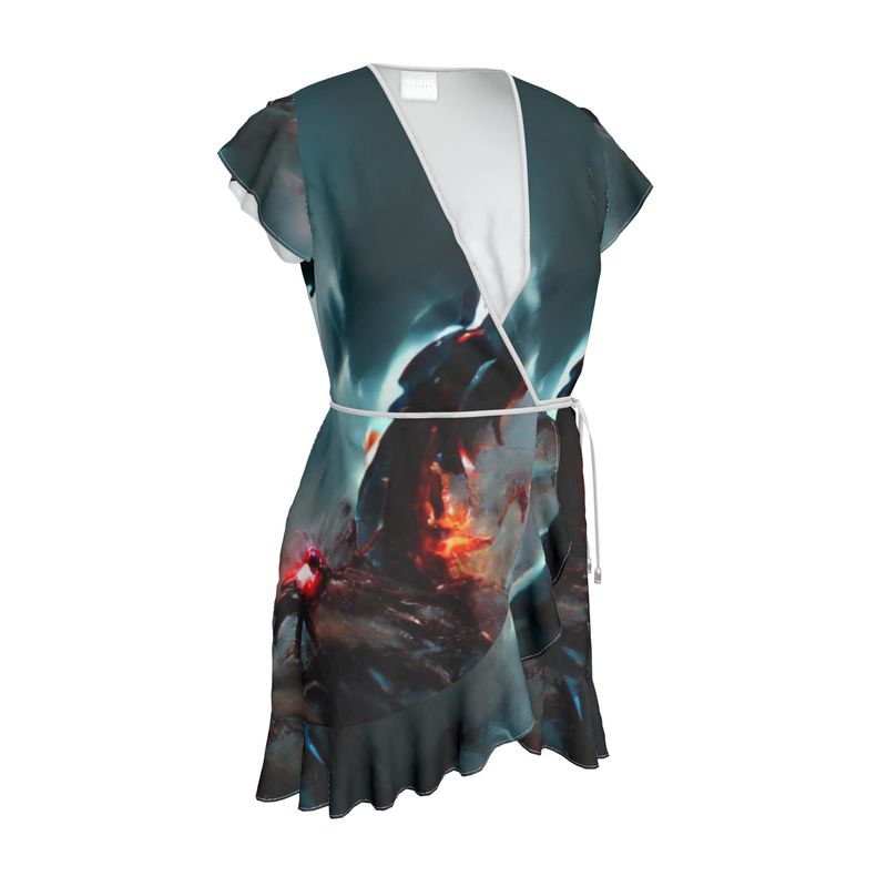 Wrath - Dark Blue, Orange & Red Flounce Hem & Armholes, Waist Tie, Wrap Design, Fashion Crepe Or Smooth Crepe Tea Dress